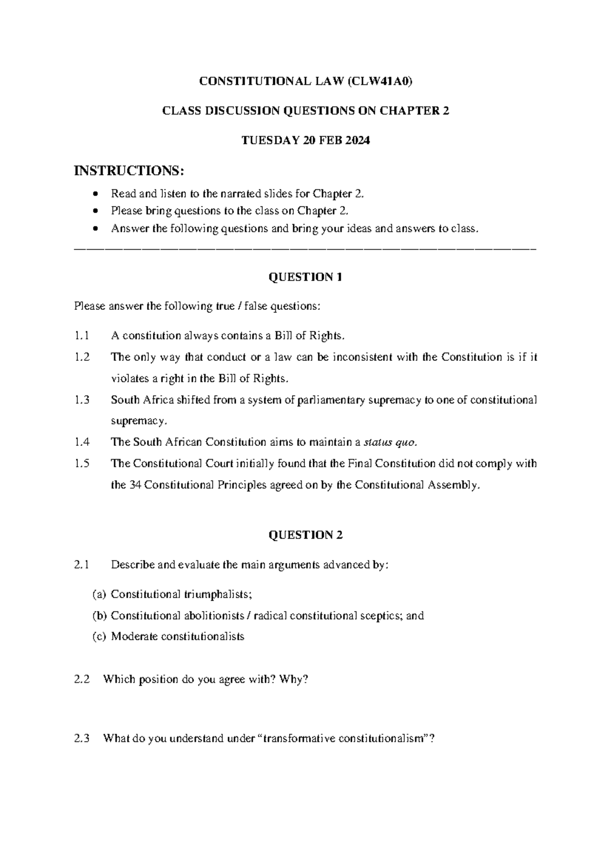 Chapter 2 class discussion - CONSTITUTIONAL LAW (CLW41A0) CLASS ...