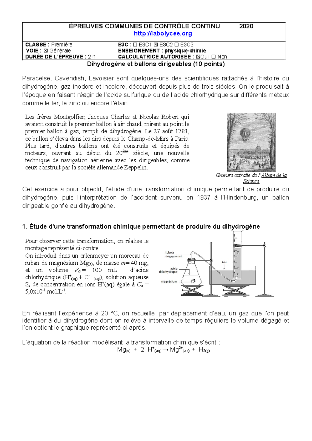 PC GENE Sujet 006 Exo2 Chi H2Ballon - ÉPREUVES COMMUNES DE CONTRÔLE ...