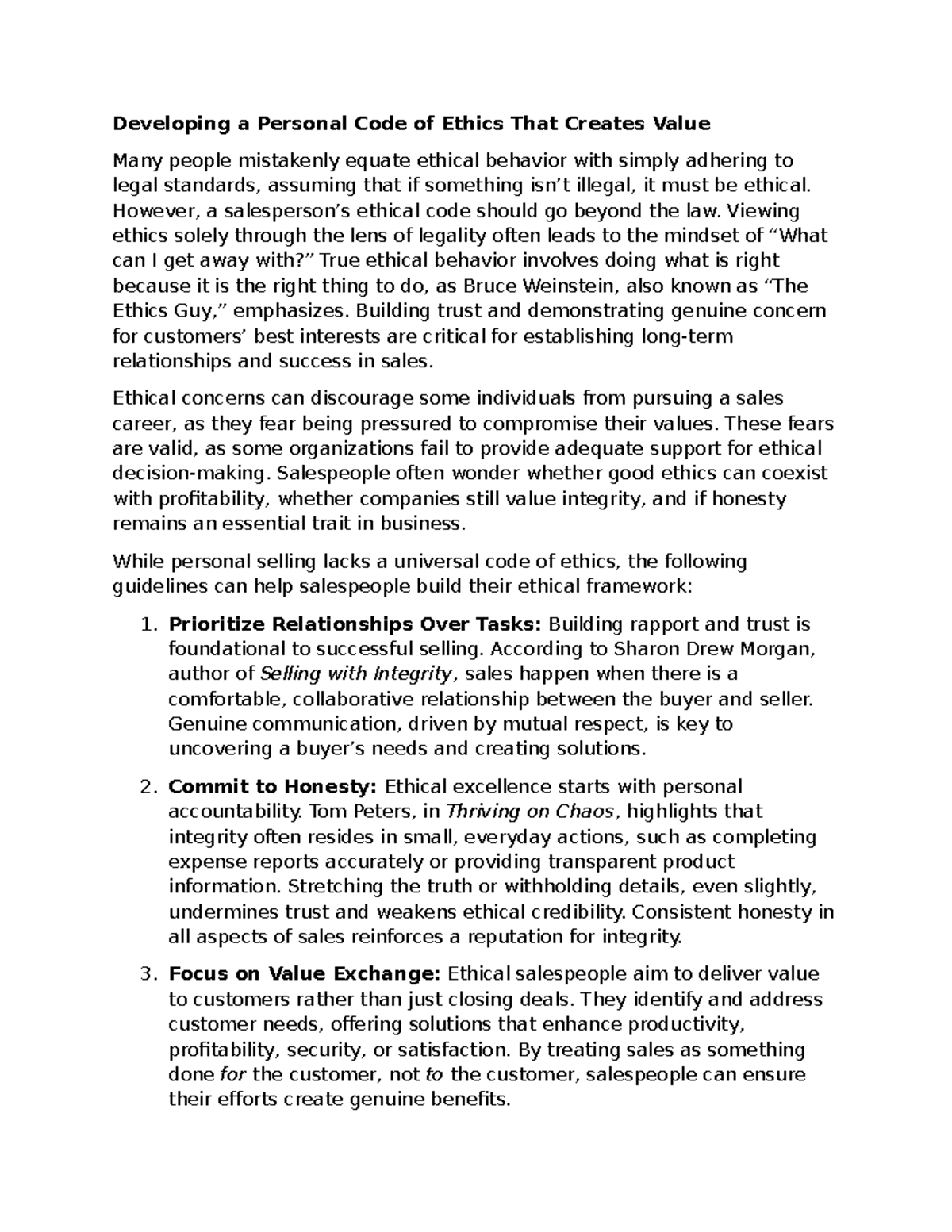 Developing a Personal Code of Ethics That Creates Value - However, a ...