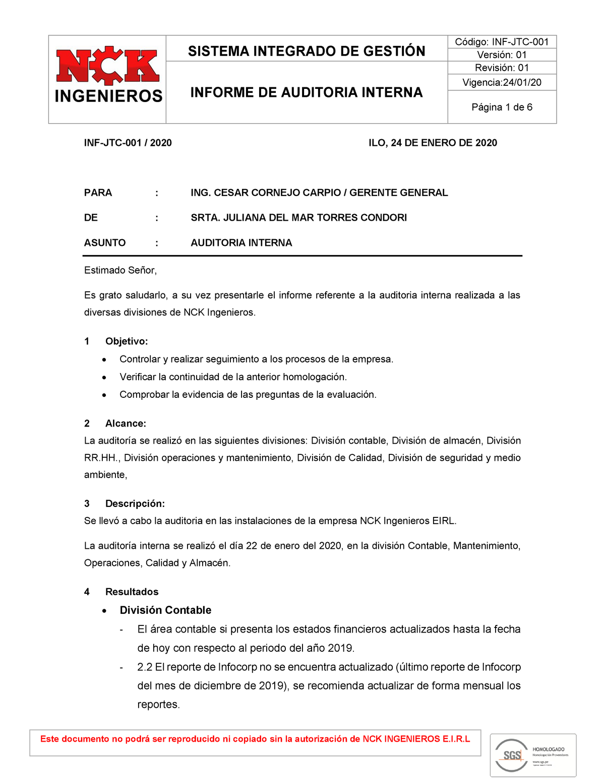 Informe De Auditoria Interna Sistema Integrado De GestiÓn Versión 01