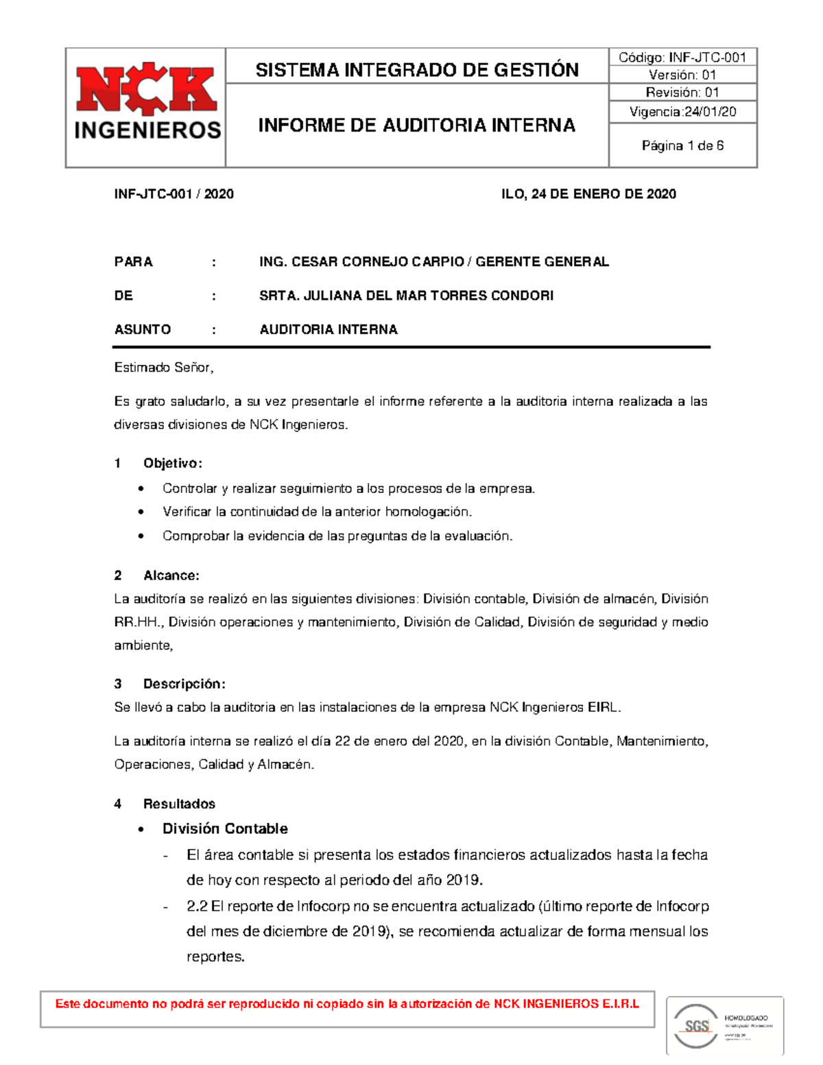 Informe De Auditoria Interna Sistema Integrado De GestiÓn Versión 01