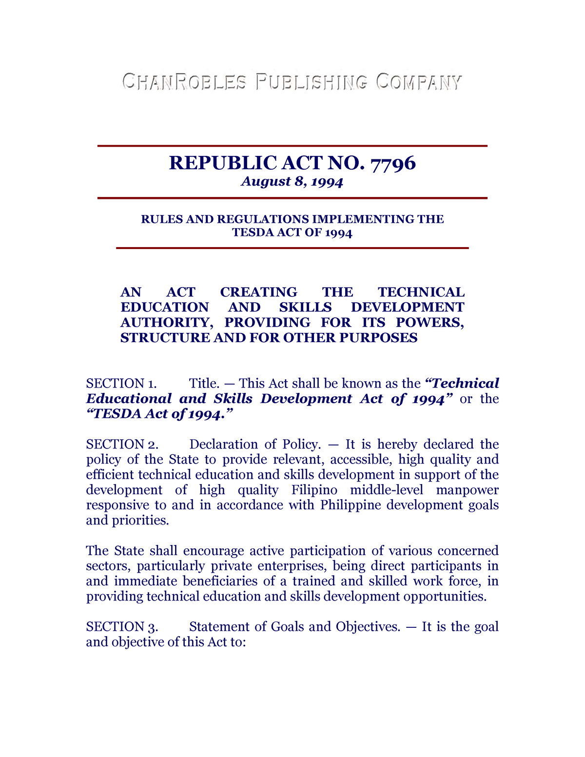 Republic ACT NO. 7796 - Bnnnnj - REPUBLIC ACT NO. 7796 August 8, 1994 ...