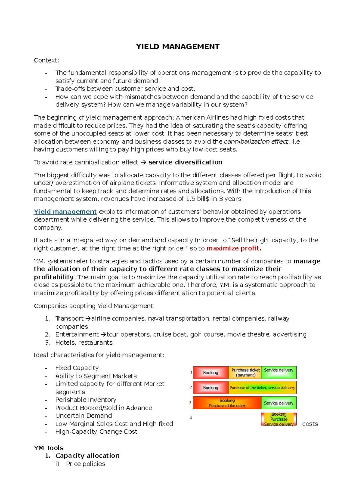 Yield Management - notes - YIELD MANAGEMENT Context: - The fundamental ...