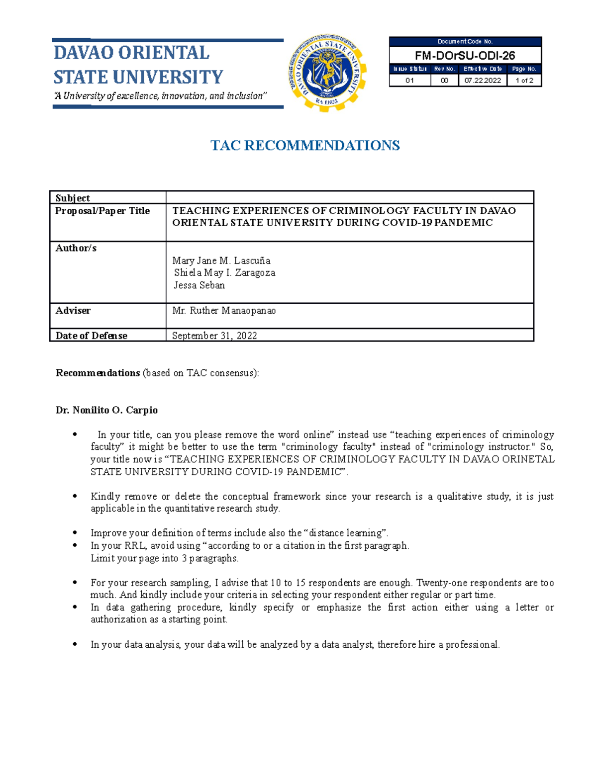 4. FM-DOr SU-ODI-26 Tac Recommendation lomg - TAC RECOMMENDATIONS ...