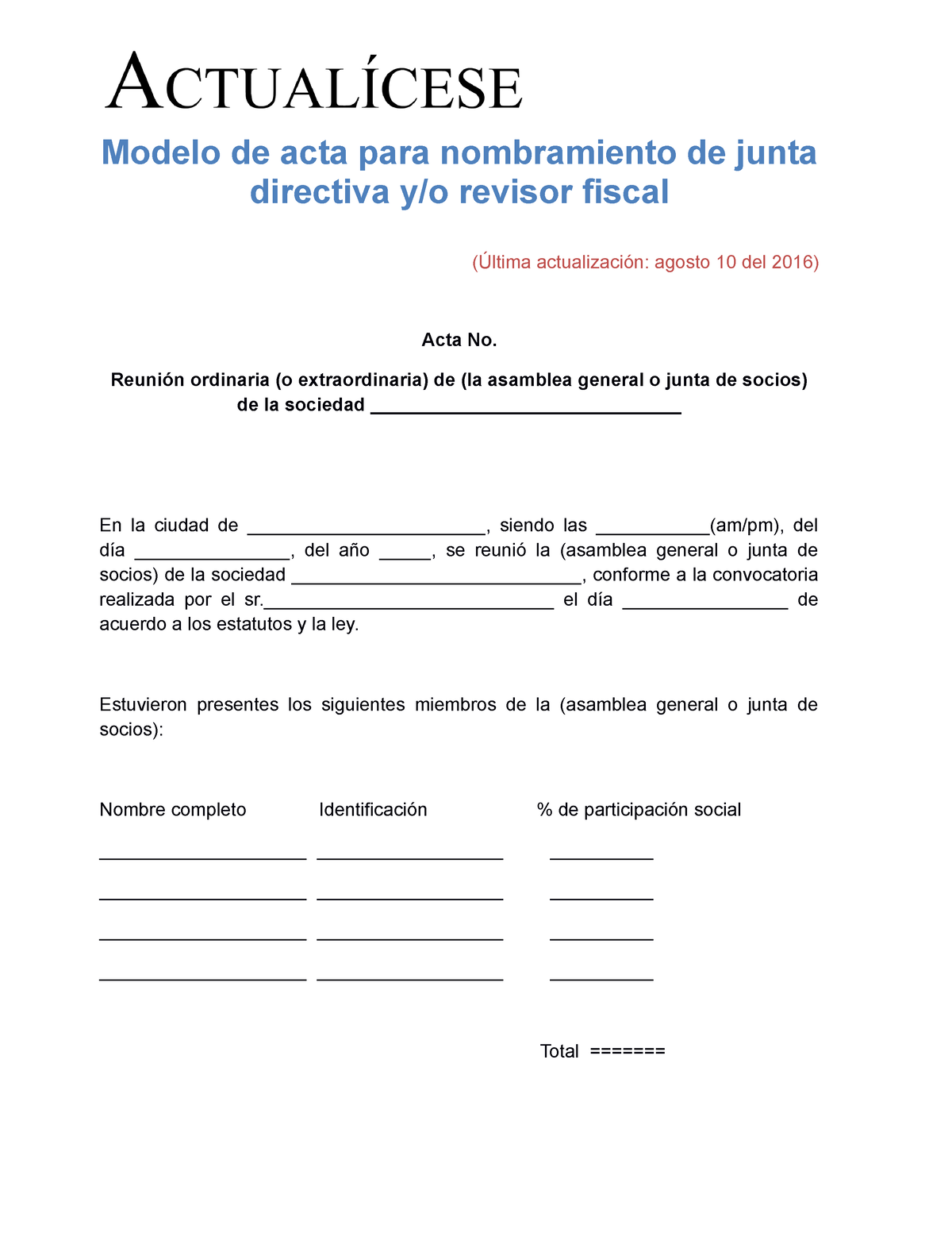 Modelo De Acta De Asamblea Para Revisor Fiscal Modelo De Acta Para