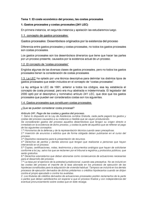 Derecho Procesal II- procesal civil - Tema 1: El coste económico del  proceso, las costas procesales - Studocu