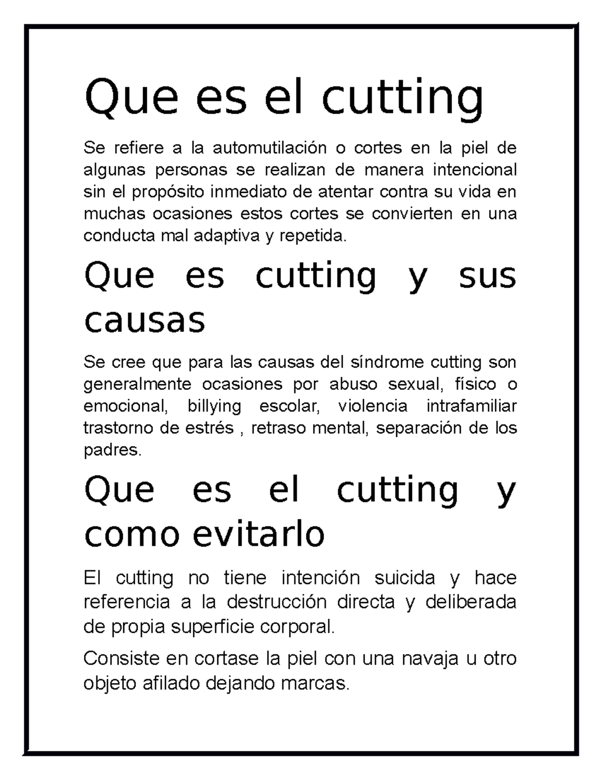 Informe cutting - Que es el cutting Se refiere a la automutilación o ...