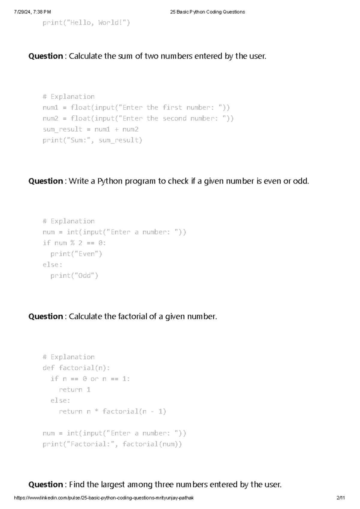 25 Basic Python Coding Questions - print("Hello, World!") Question ...