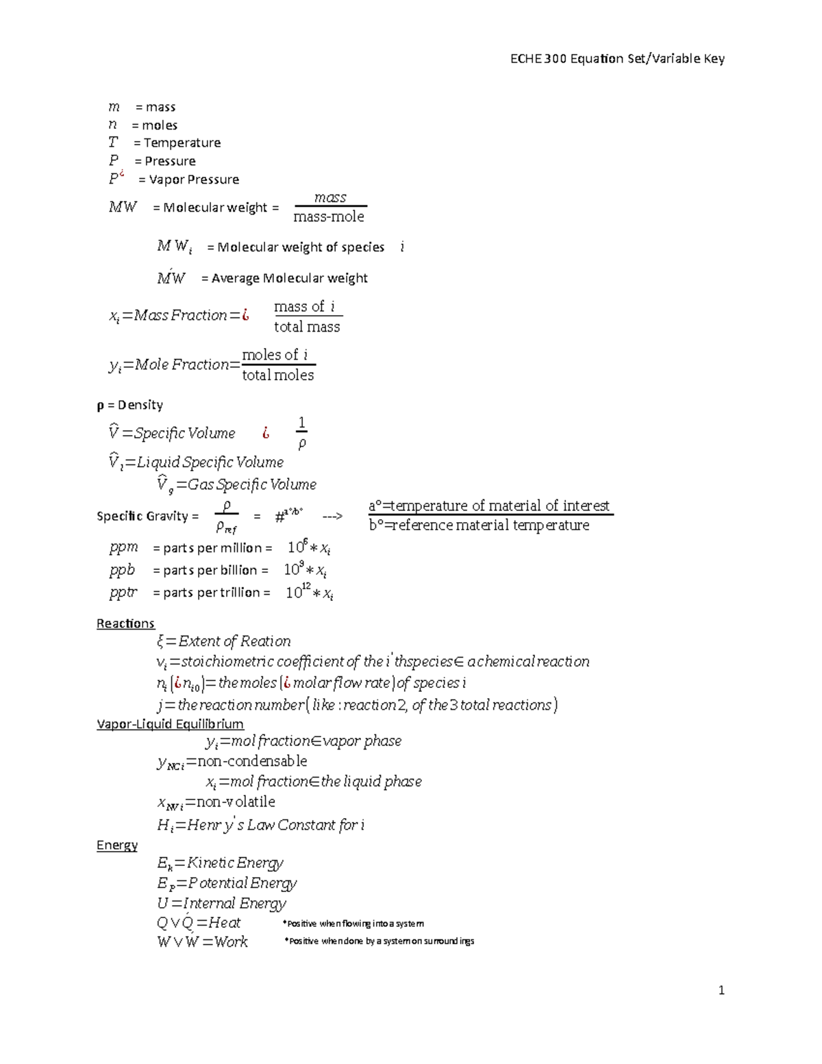 ECHE 300 Symbol & Equation Key - m = mass n = moles T = Temperature P ...