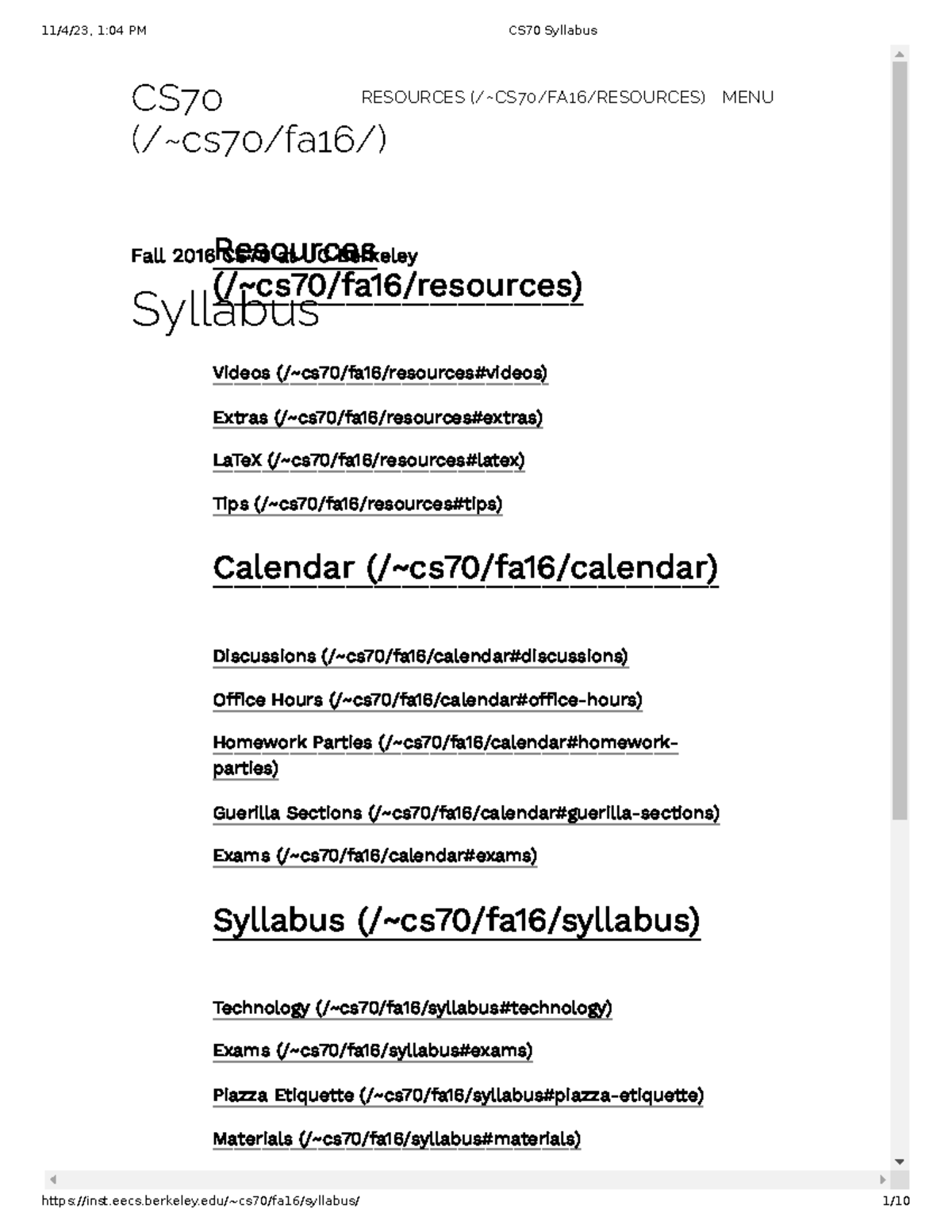 CS70 Syllabus Lecture Notes Fall 2016 CS70 at UC Berkeley