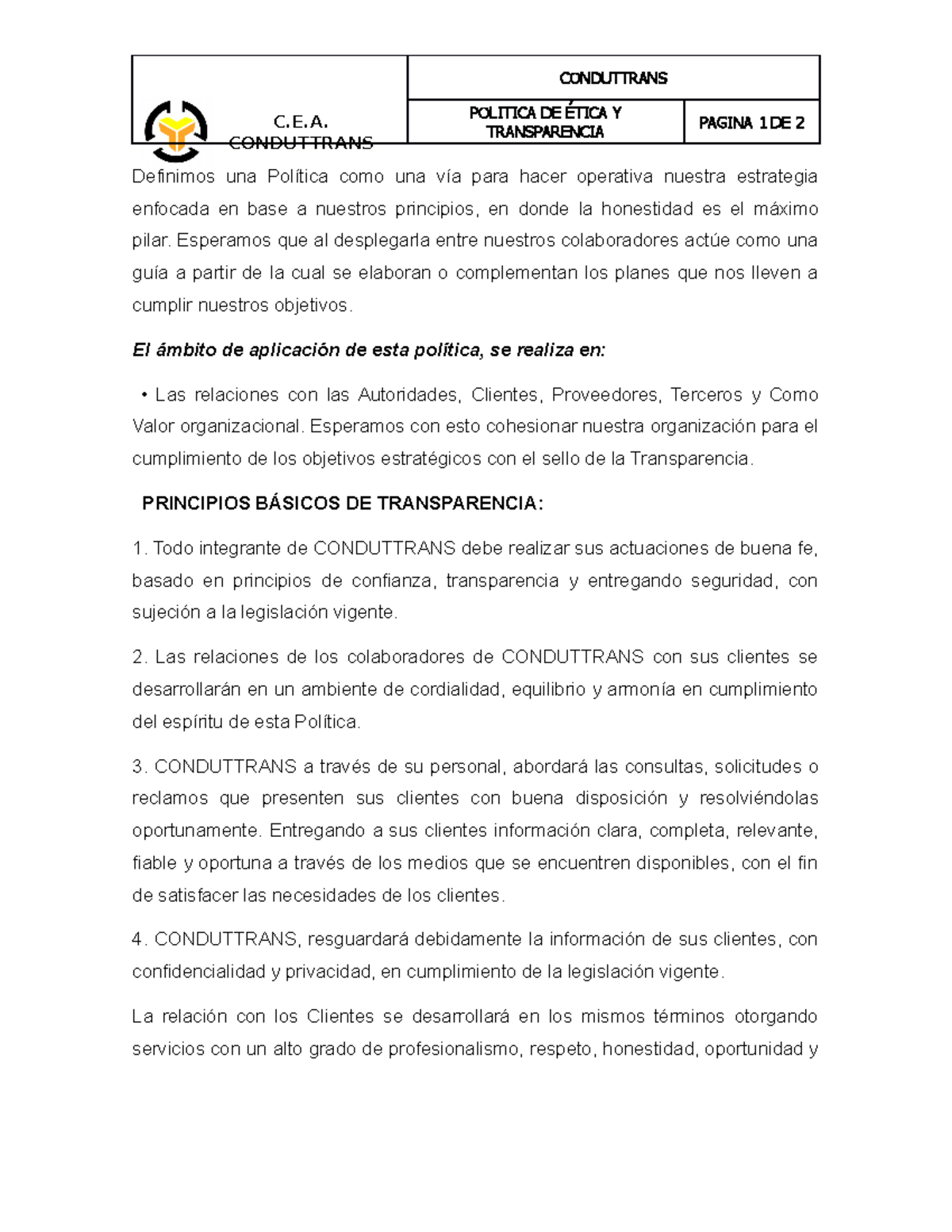Politica de Etica y Transparencia CONDUTTRANS POLITICA DE ÉTICA Y
