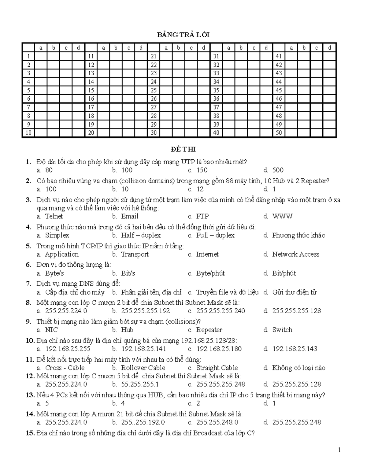 De 1 - De Thi - BẢNG TRẢ LỜI A B C D A B C D A B C D A B C D A B C D 1 ...