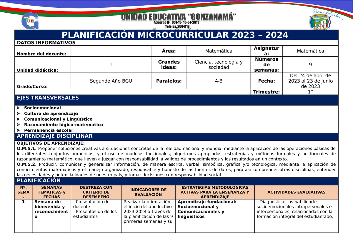 Plan Microcurricular 2023 PlanificaciÓn Microcurricular 2023 2024 Datos Informativos 2219