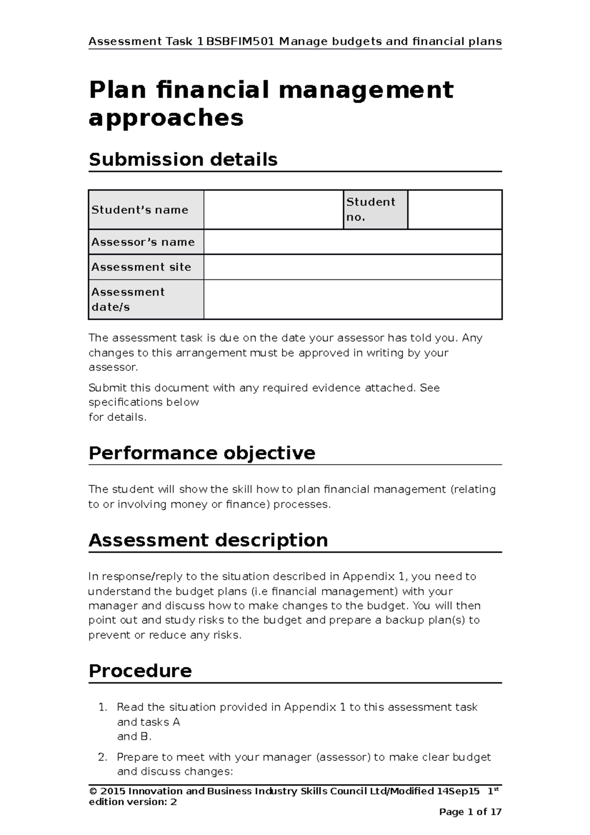 Bsbfim 501 Task1 - Assessment Task 1 BSBFIM501 Manage Budgets And ...