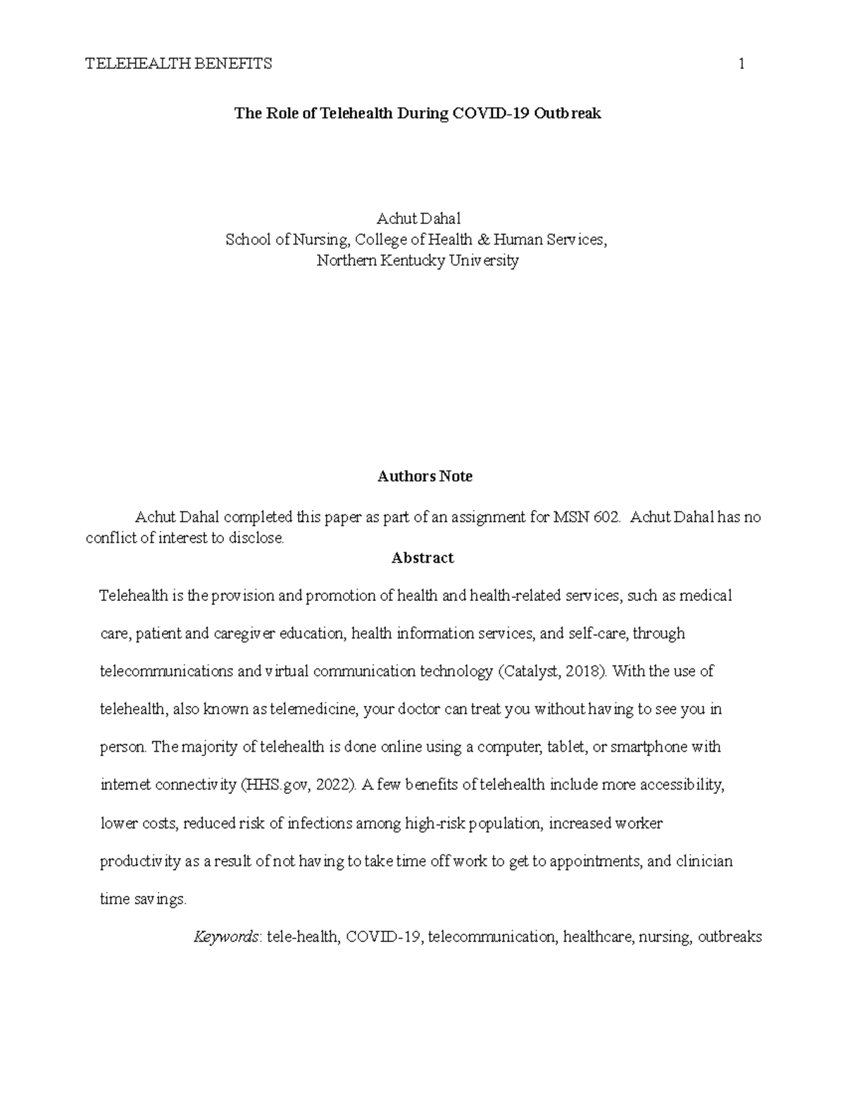 Module 6-Literature Review - The Role of Telehealth During COVID-19 ...