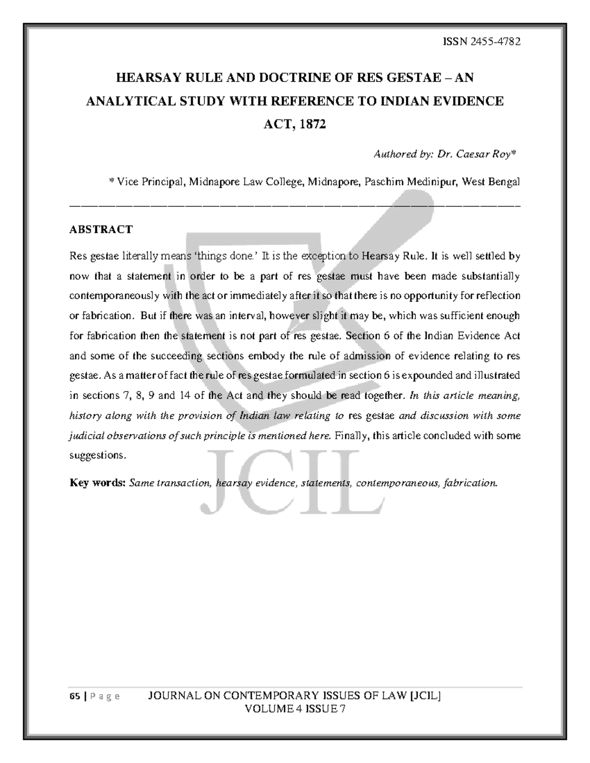 Hearsay Rule And Doctrine Of Res Gestae An Analytical Study With