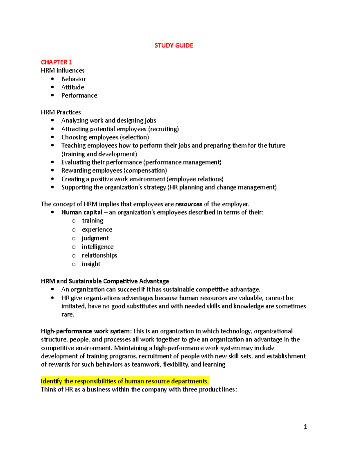 Exam 1 Study Guide - Lecture notes 1-4 - STUDY GUIDE CHAPTER 1 HRM ...