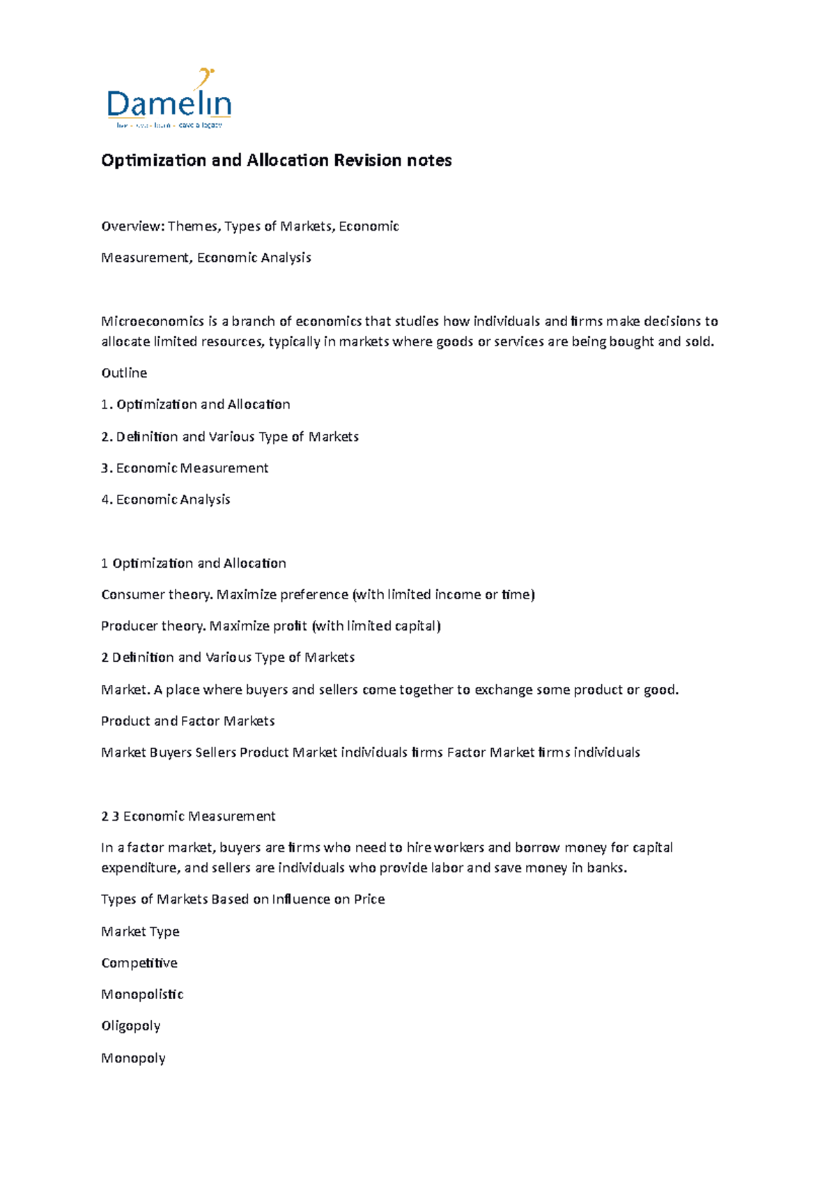 Week 12 eco1 word notes cn 1 - Optimization and Allocation Revision ...