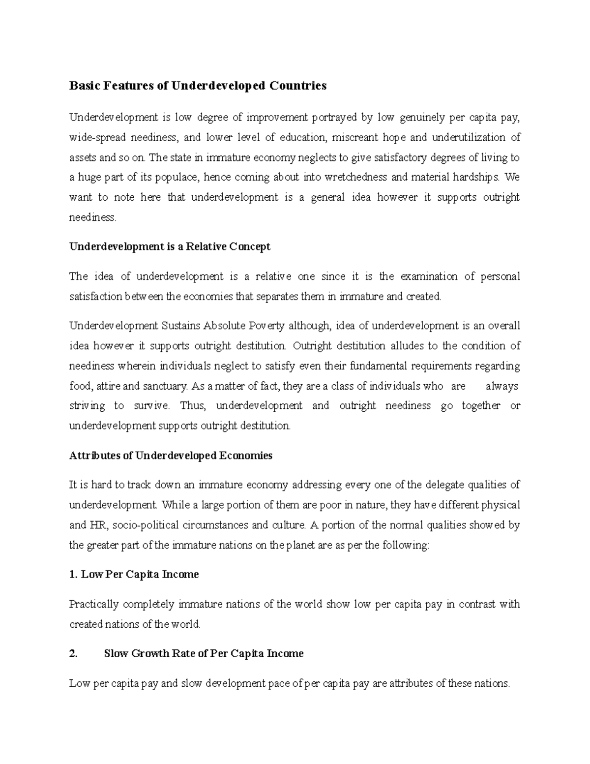 Basic Features of Underdeveloped Countries Basic Features of