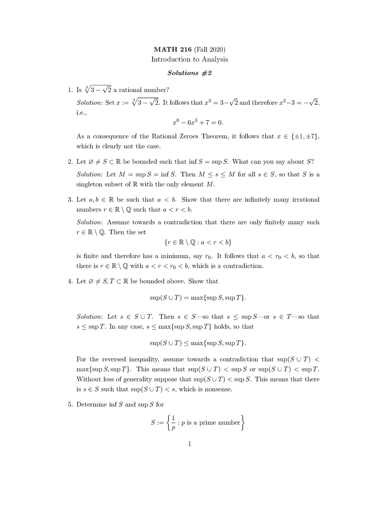 Assignment 2 Solution - MATH 216(Fall 2020) Introduction To Analysis ...