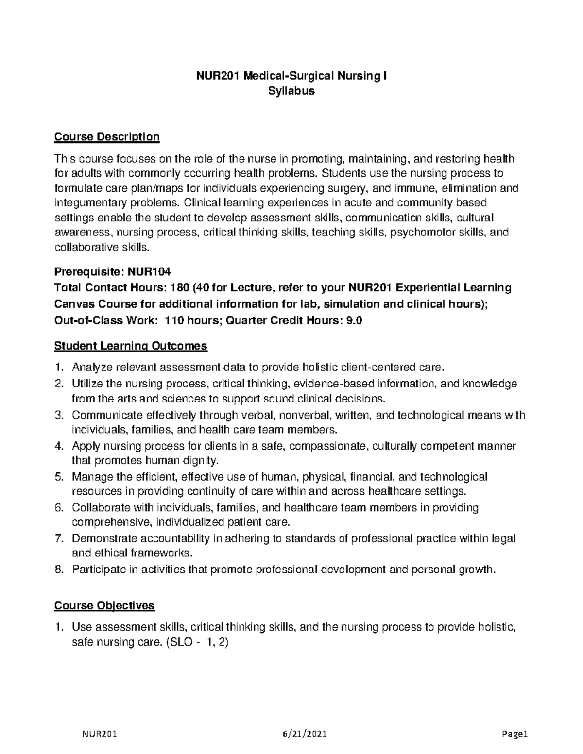 Updated NUR 201Didactic MedicalSurgical Nursing I Syllabus2 NUR201