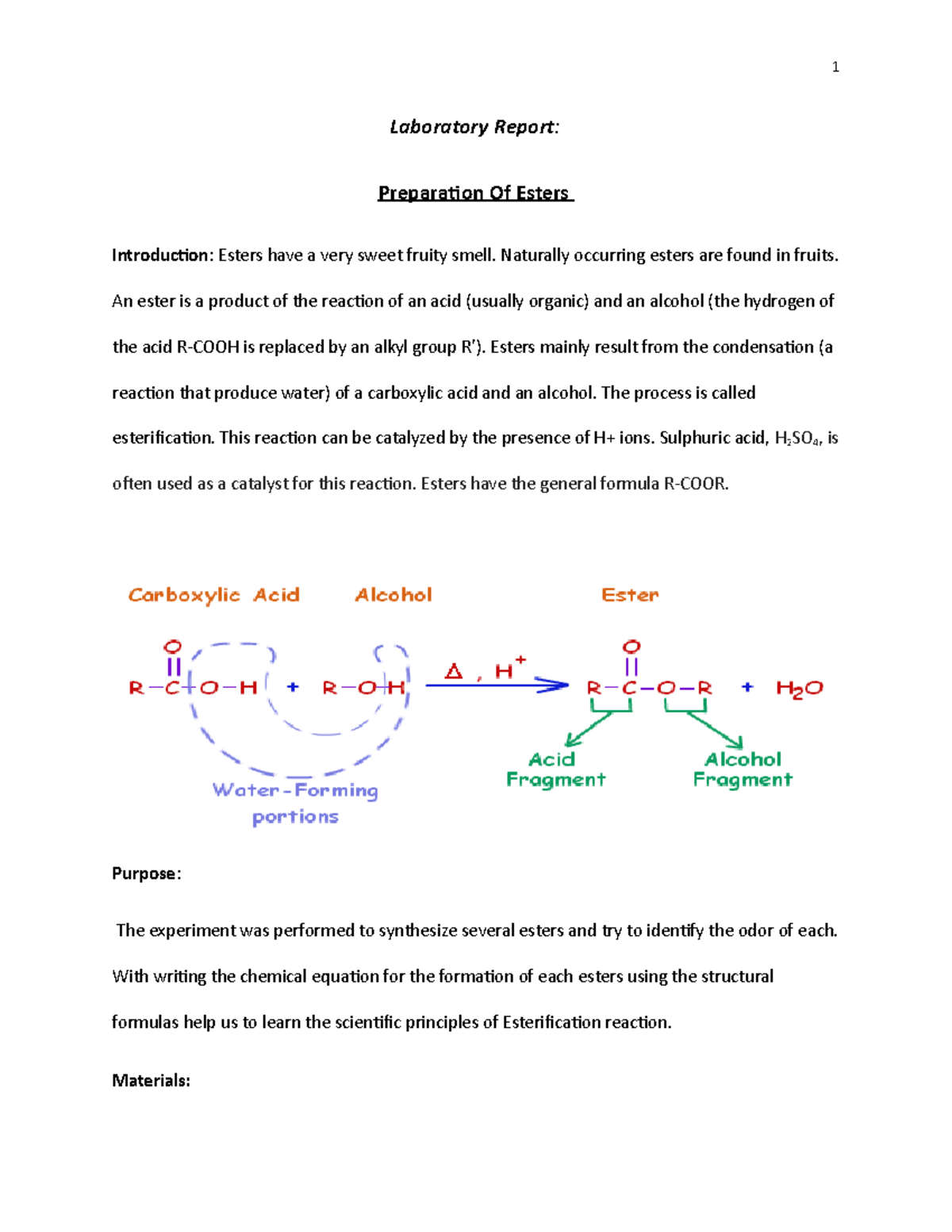 Laboratory Report (Prepration of Esters) Laboratory Report
