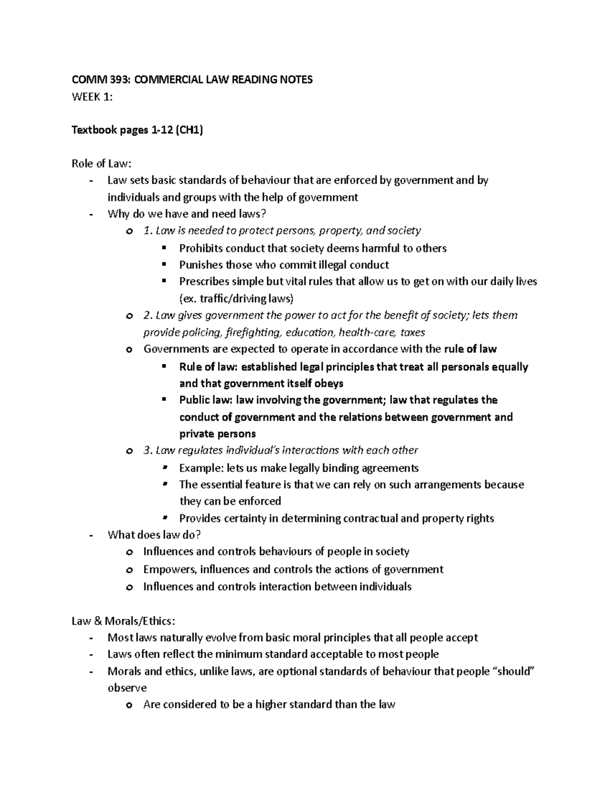 COMM 393 Reading Notes - COMM 393: COMMERCIAL LAW READING NOTES WEEK 1 ...