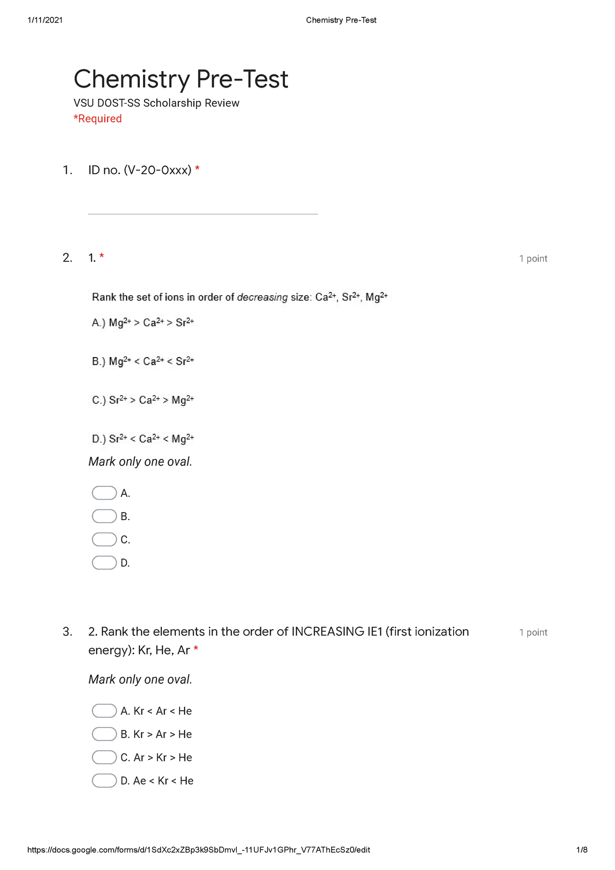 6.1 Chemistry Pre-Test - 1. 2. 1 Point Mark Only One Oval. A. B. C. D ...