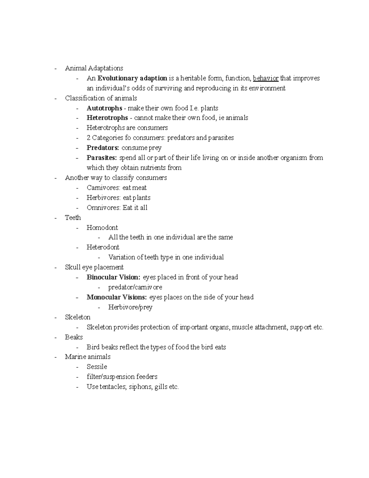 Biology 1020 Lab 10 Notes - Animal Adaptations An Evolutionary adaption ...