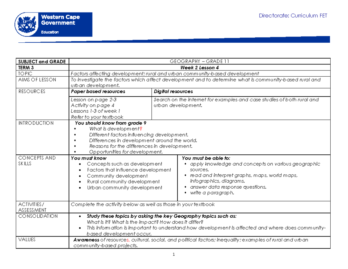 Geography Grade 11 Term 3 Week 2 Directorate Curriculum FET SUBJECT
