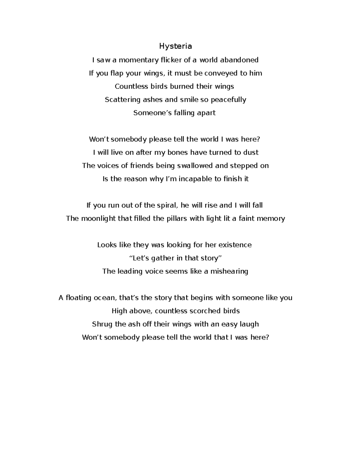 Hysteria - Poem - Hysteria I saw a momentary flicker of a world ...