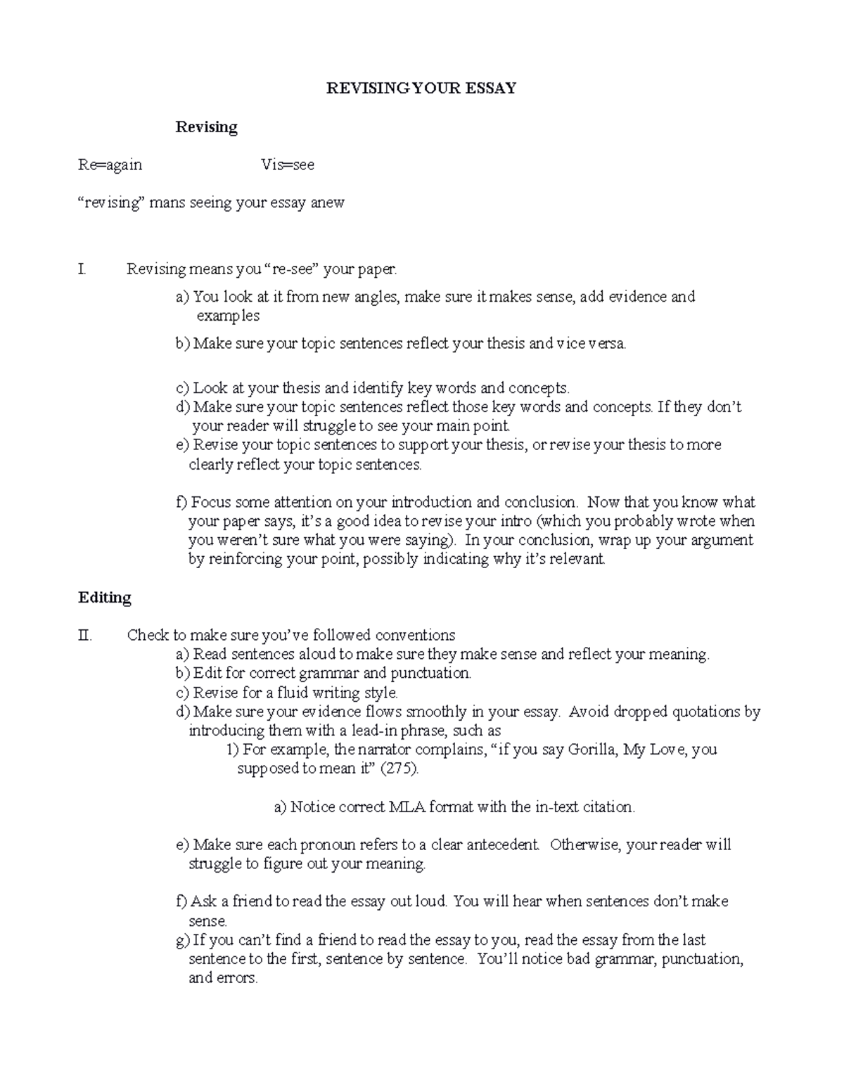 Essay Revision Notes - REVISING YOUR ESSAY Revising Re=again Vis=see ...