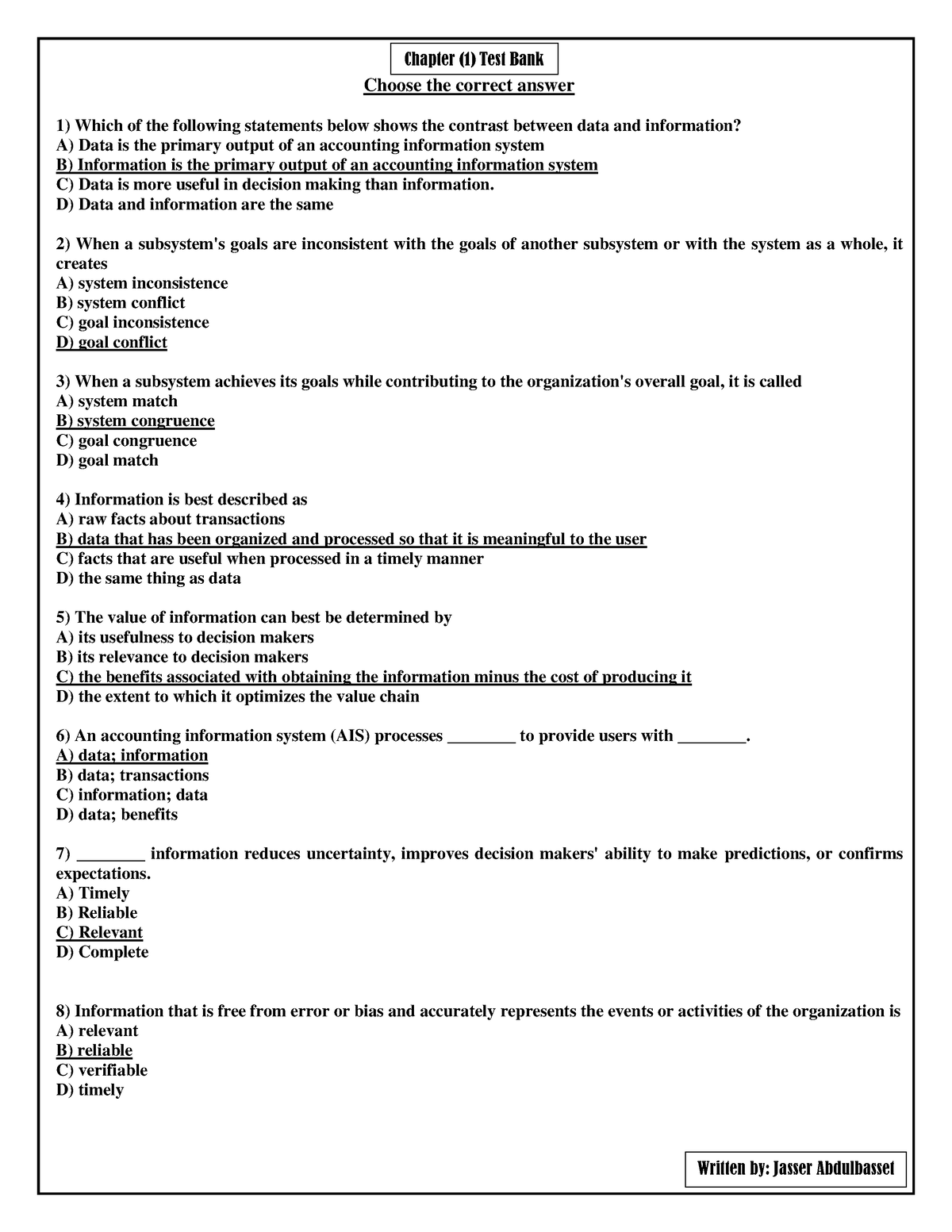 Chapter 1 AIS Test Bank - Fhcghc - Choose The Correct Answer Which Of ...