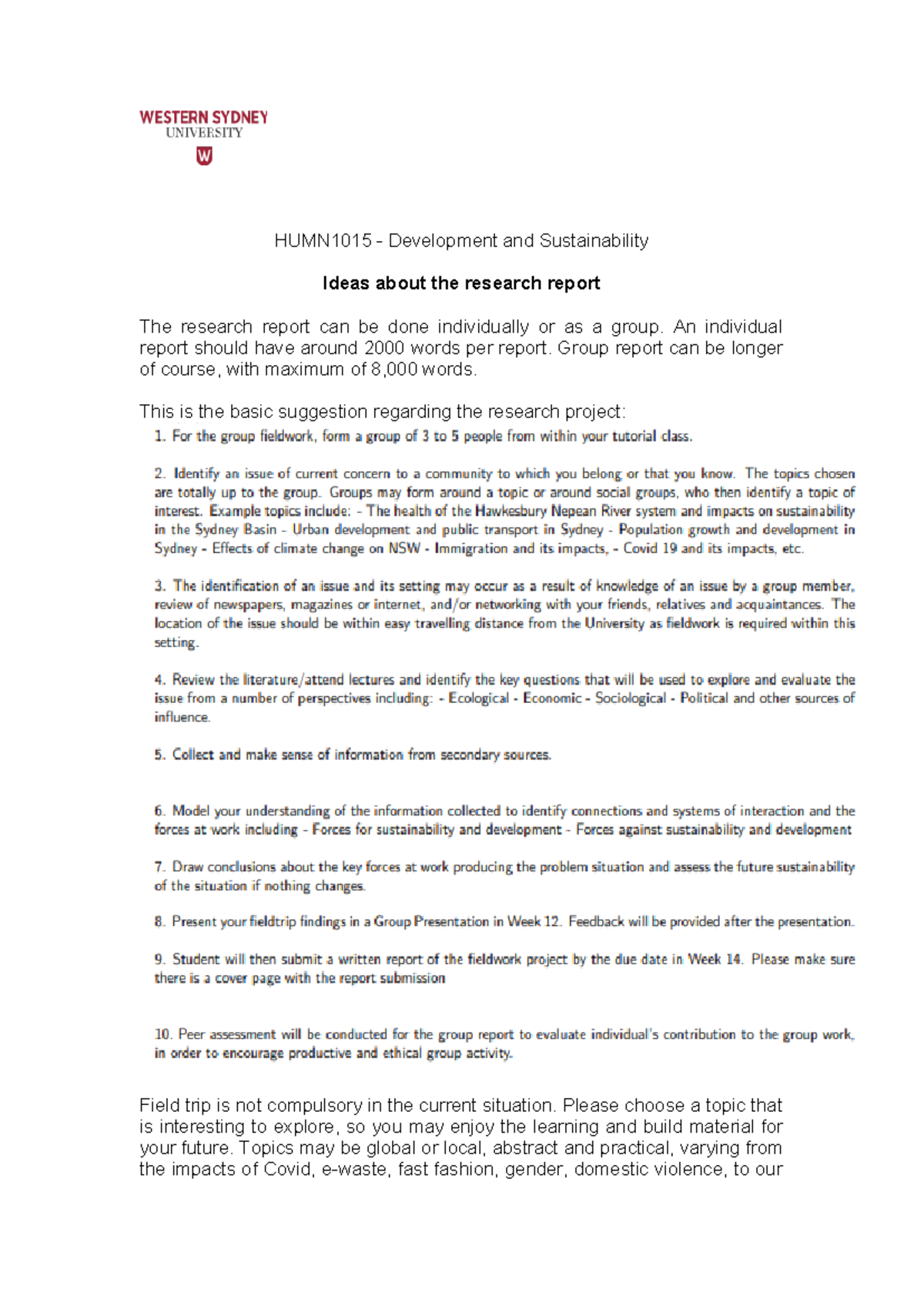 Final report suggestions - HUMN1015 - Development and Sustainability ...