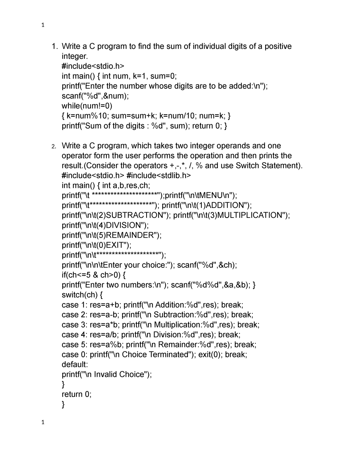 C Programs To Print C Exercises 1 Write A C Program To Find The Sum Of Individual Digits Of 6323