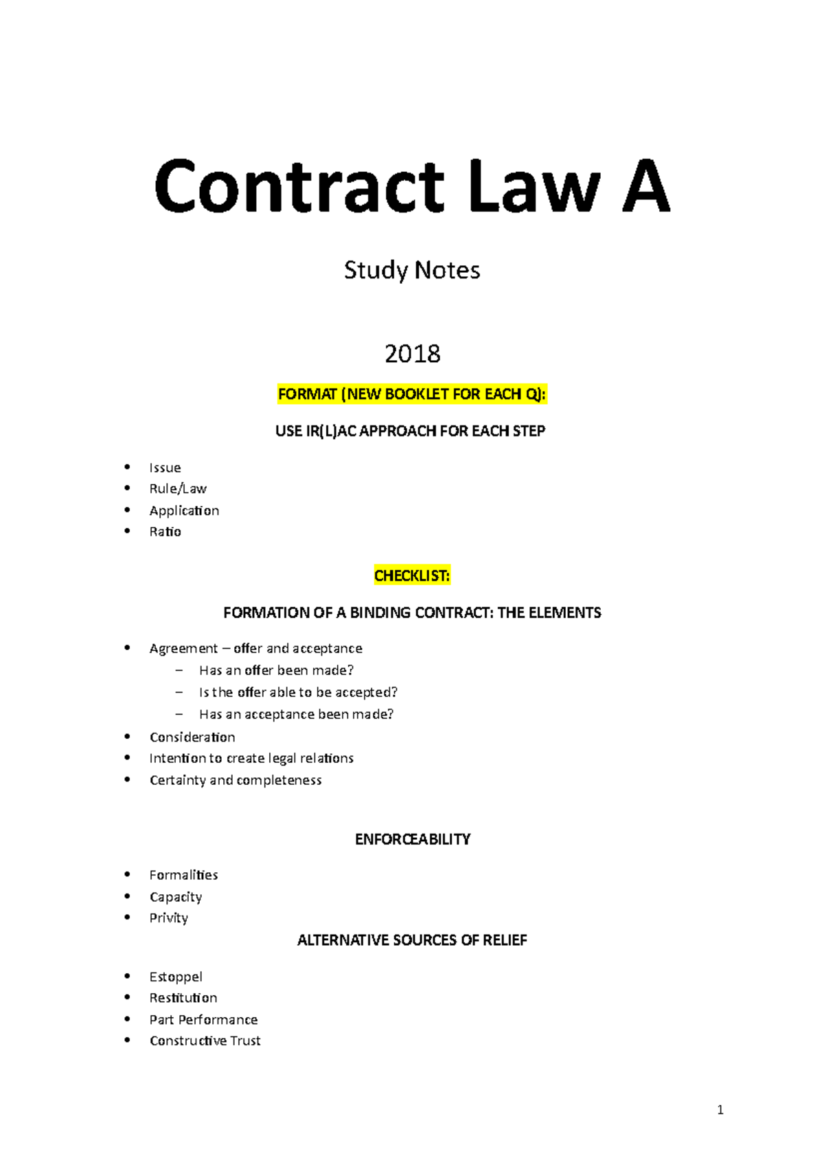 Contract Final Notes NEW - Contract Law A Study Notes 2018 FORMAT (NEW ...