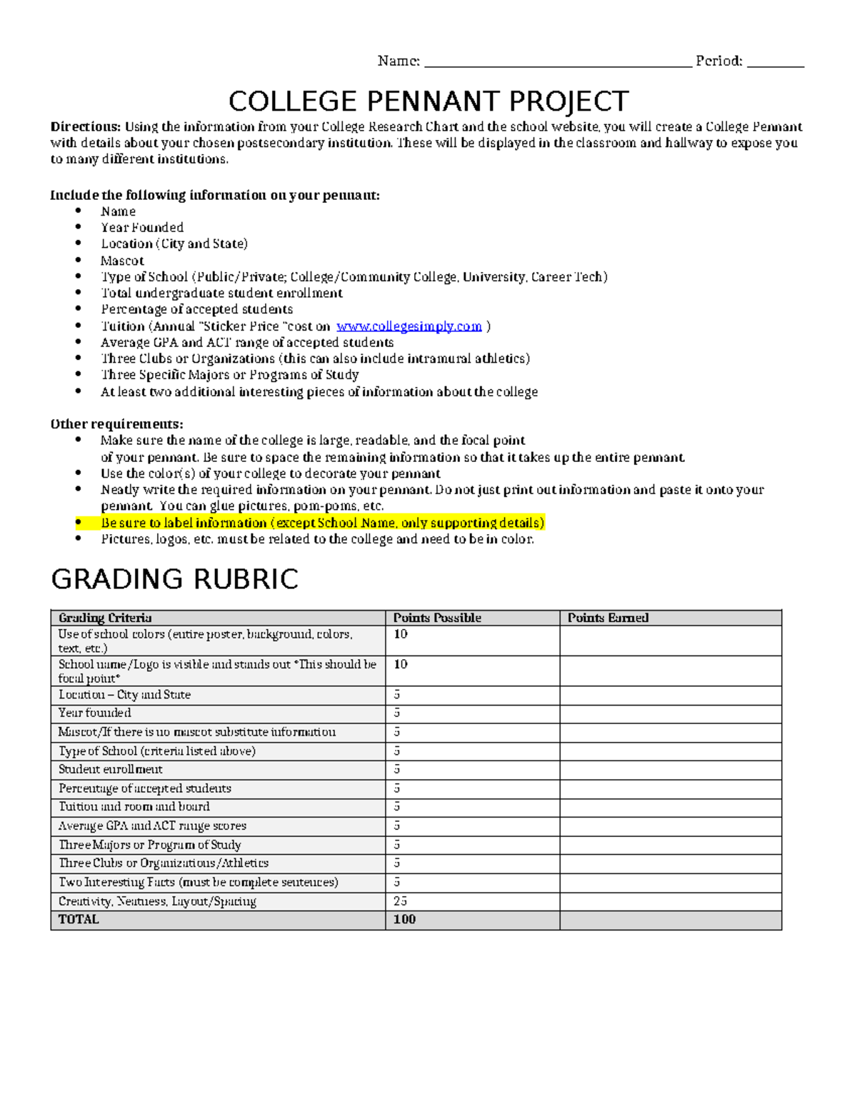 College Pennant Project Instructions and Rubric Name Studocu