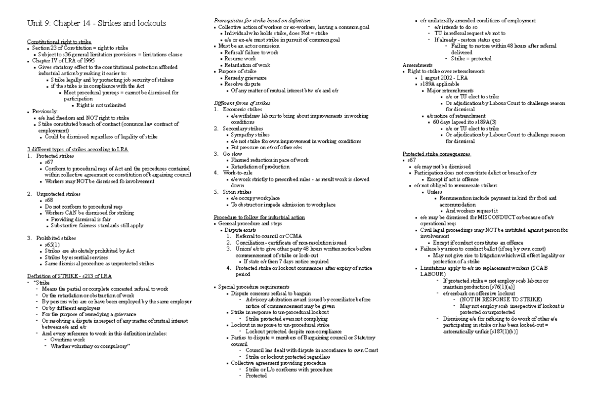 Labour law exam notes - Unit 9: Chapter 14 - Strikes and lockouts ...