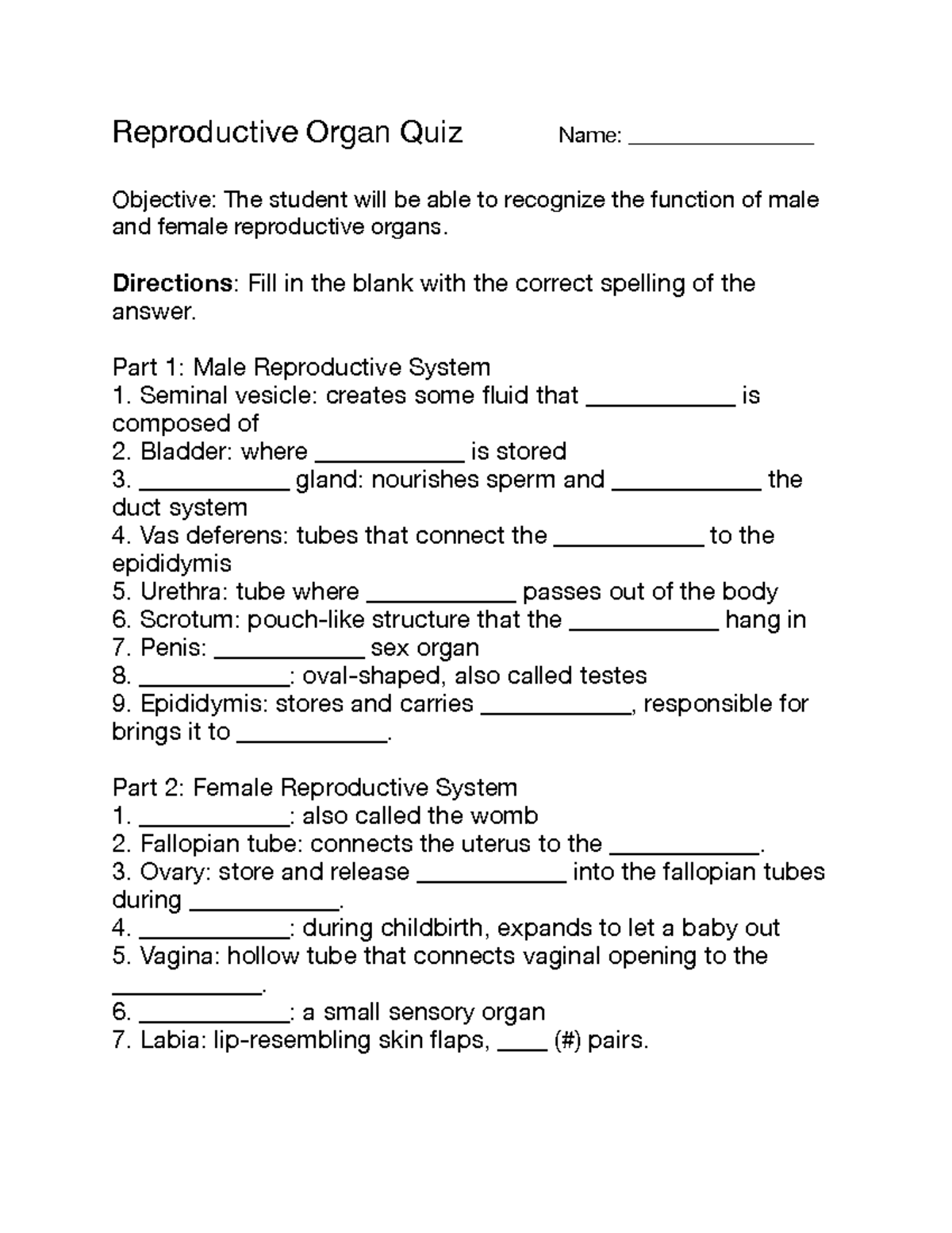 Reproductive Organ Quiz Assignment (hpe 272) - Reproductive Organ Quiz 