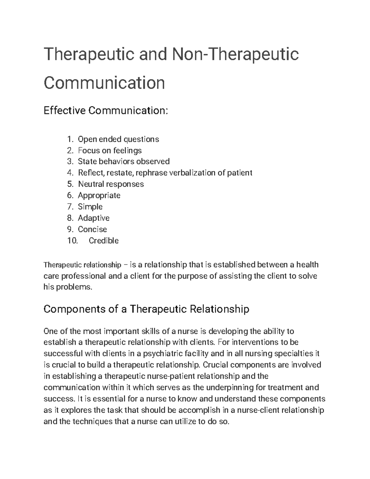 Therapeutic and NonTherapeutic Communication Therapeutic and Non