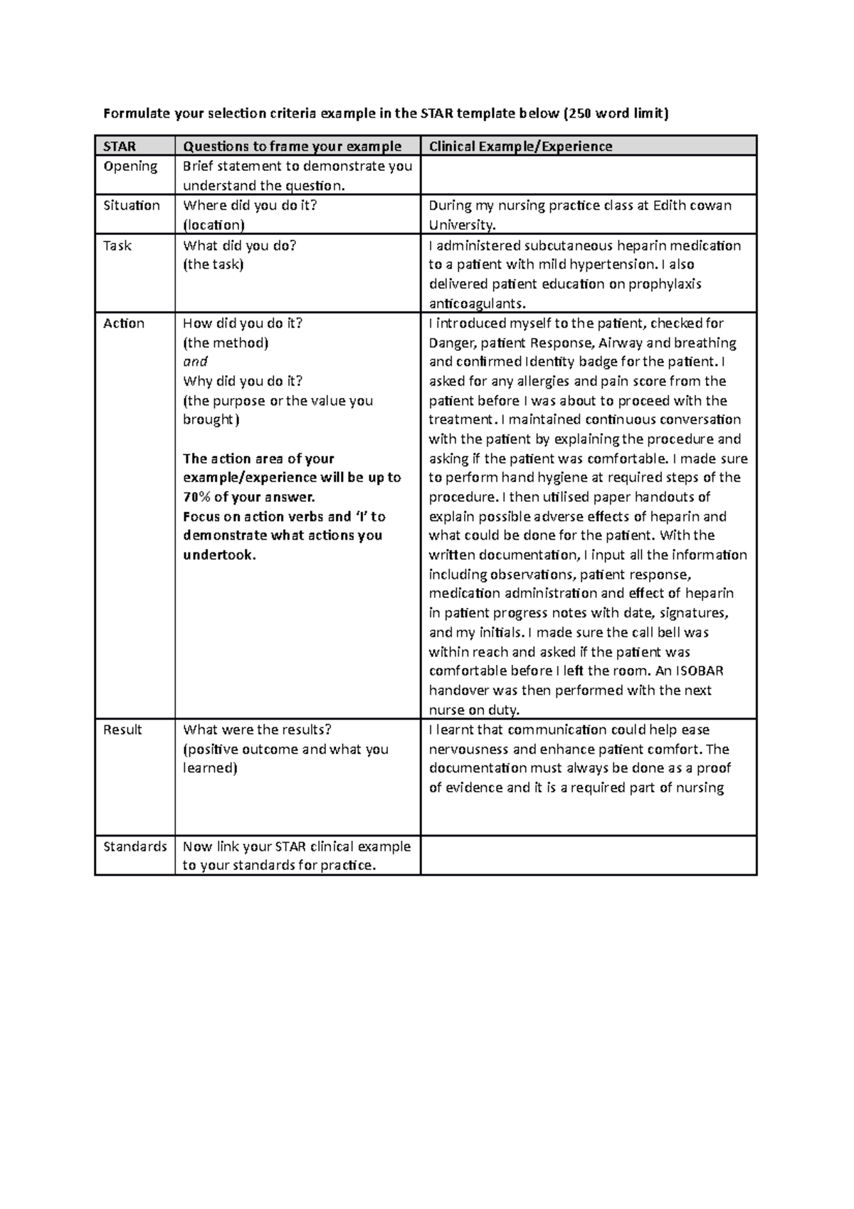 selection criteria examples nursing