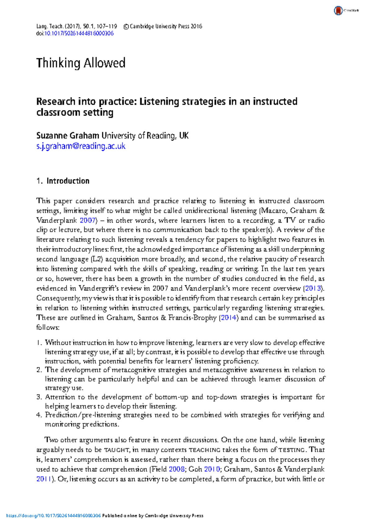 Research into practice listening strategies in an instructed classroom ...