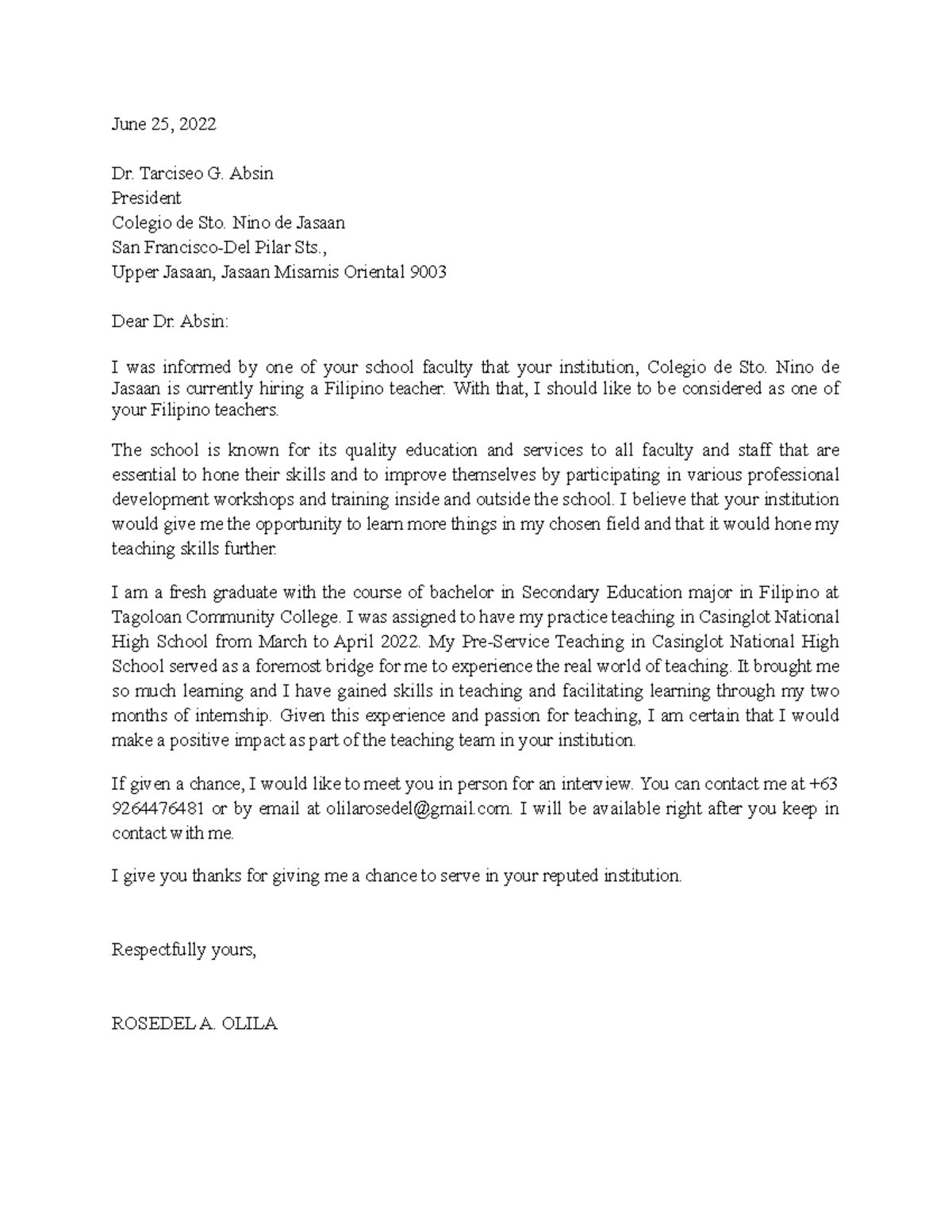 Colegio-jasaan - Application Letter - June 25, 2022 Dr. Tarciseo G ...