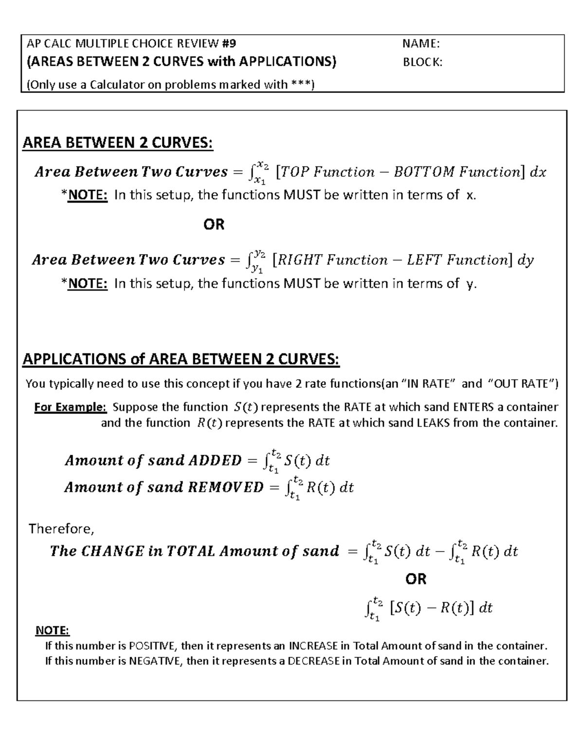 AP+CALC+ Multiple+ Choice+ Review#9 - AP CALC MULTIPLE CHOICE REVIEW #9 ...