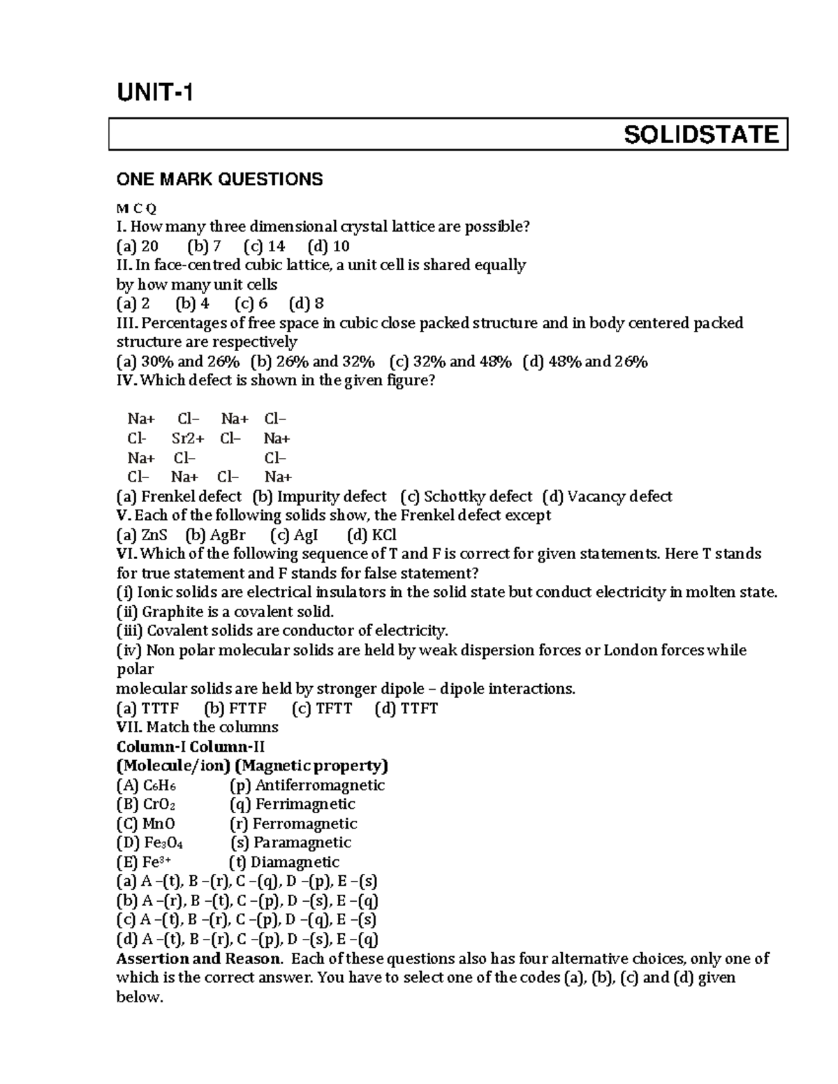 Chemistry - UNIT- SOLIDSTATE ONE MARK QUESTIONS M C Q I. How many three ...