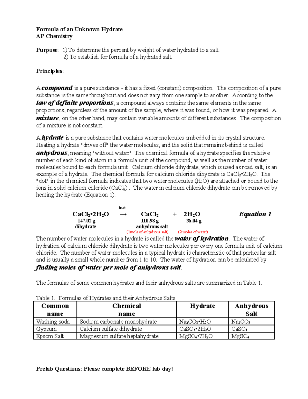 Hydrate lab Inquiry Notes Formula of an Unknown Hydrate AP Chemistry