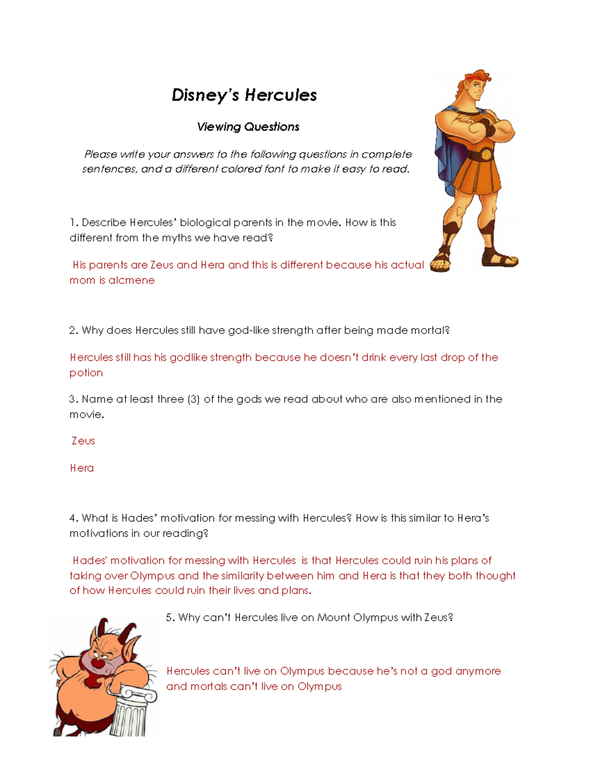 Aiyana Cole - Disney’s Hercules Viewing Questions - Disney’s Hercules ...