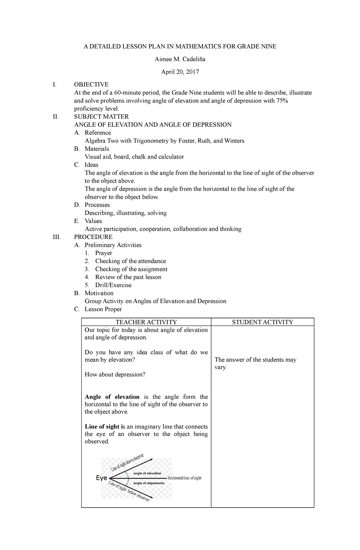 A Detailed Lesson PLAN IN Mathematics FO A DETAILED LESSON PLAN IN 