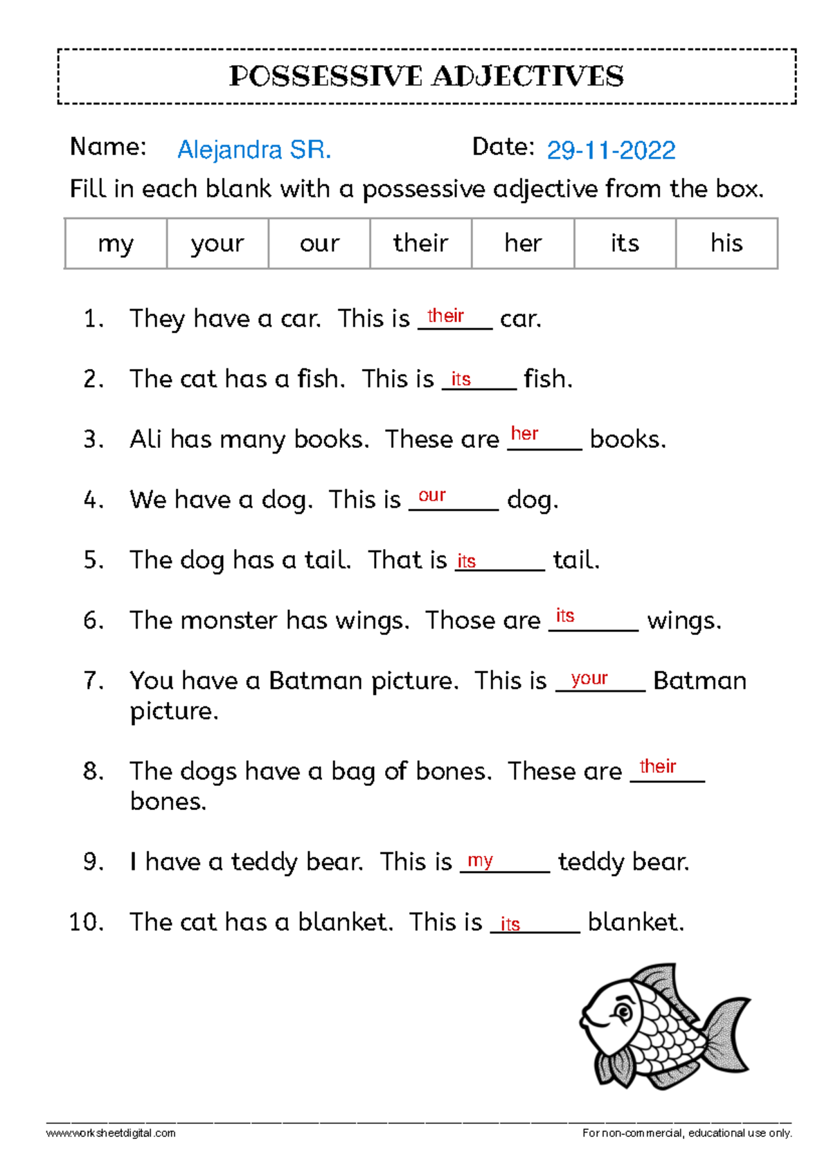 Possessive Adjectives 2 Name Date Fill In Each Blank With A