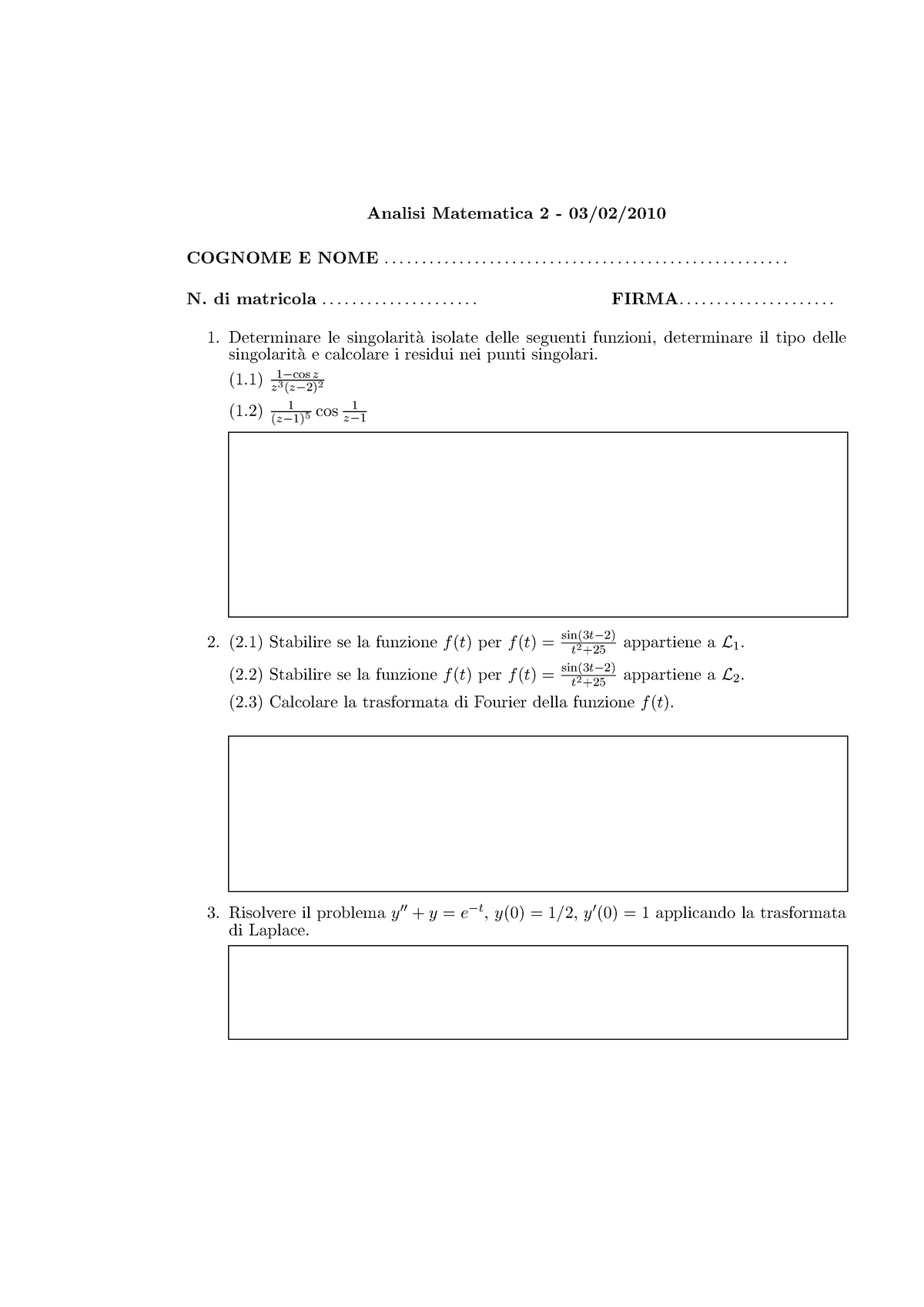 Esercitazione 1 Raccolta Di Esercizi Su Analisi Complessa Calcolo